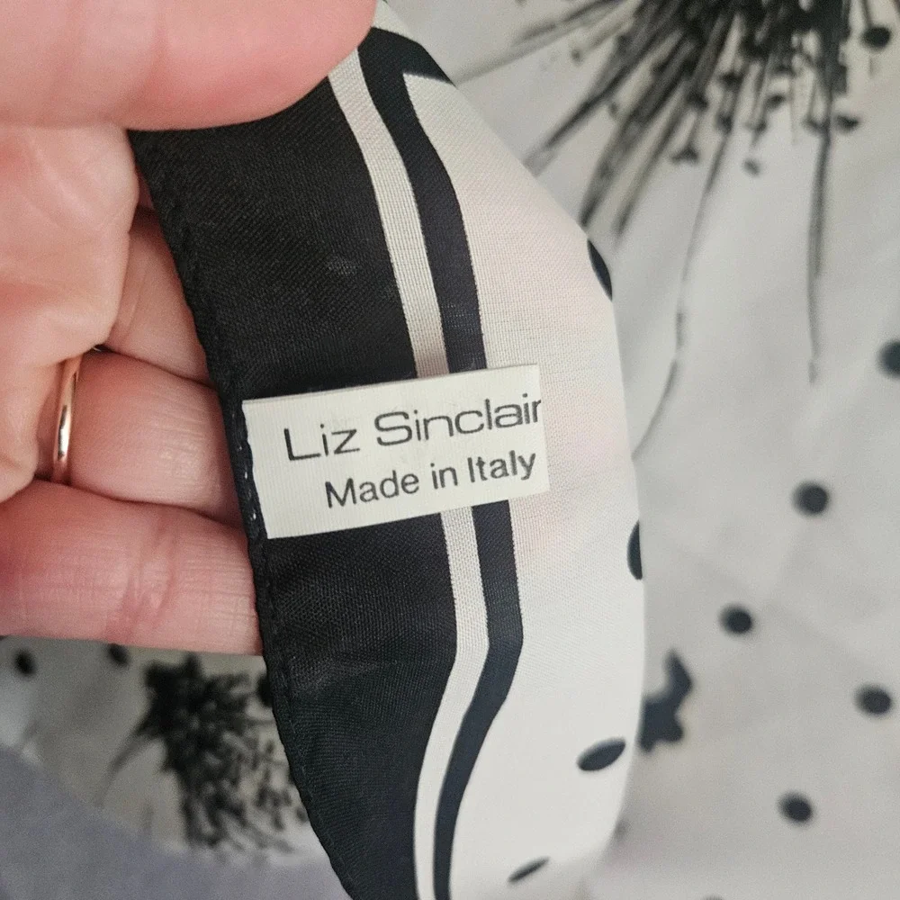 Liz Sinclair Italy Square Scarf Black White Floral Polka Dot Print 30x30